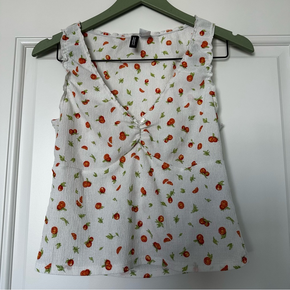 H&M White Orange-Print Twist-Front Camisole